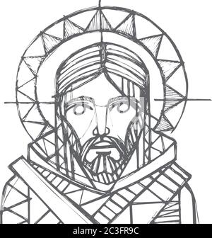 Hand drawn vector illustration or drawing of Jesus Christ Face Stock Vector