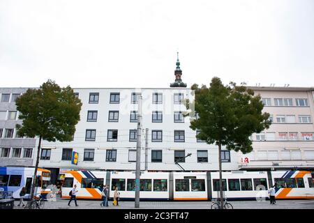 German people and foreign travelers walking travel visit Mannheimer Wasserturm Water tower gardens in Friedrichsplatz square at Mannheim city on Septe Stock Photo