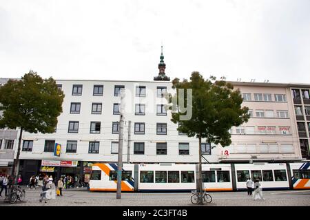 German people and foreign travelers walking travel visit Mannheimer Wasserturm Water tower gardens in Friedrichsplatz square at Mannheim city on Septe Stock Photo