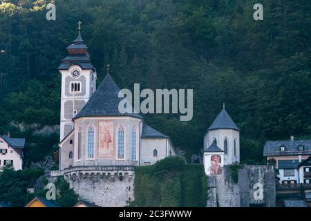 Hallstatt Roman Catholic Parish Church Pfarrkirche Maria am Berg Exterior Facade in the Salzkammergut Region of Upper Austria Stock Photo