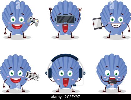 Blue shell cartoon character are playing games with various cute emoticons Stock Vector