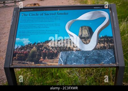 A description board for the stone sculpture in Devils Tower NM, Wyoming Stock Photo