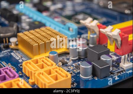 Close-up of a computer motherboard, computer industry concept. Stock Photo