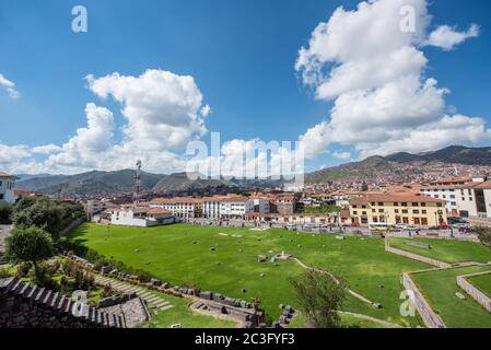 Cityscape of Cusco Old City as seen from the Incan Sun Temple Coricancha, Cusco. Stock Photo