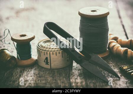 seamstress tape, thimble for sewing Stock Photo
