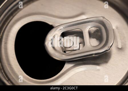 The lid of an aluminum beverage can from above. Stock Photo
