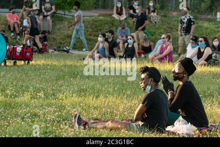 June 19, 2020, Boston, Massachusetts, USA: People attend a Juneteenth rally in Boston. Juneteenth commemorates when the last enslaved African Americans learned in 1865 they were free, more than two years following the Emancipation Proclamation. Credit: Keiko Hiromi/AFLO/Alamy Live News Stock Photo