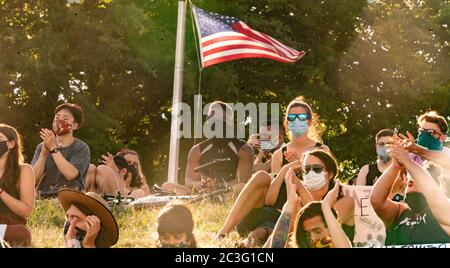 June 19, 2020, Boston, Massachusetts, USA: People attend a Juneteenth rally in Boston. Juneteenth commemorates when the last enslaved African Americans learned in 1865 they were free, more than two years following the Emancipation Proclamation. Credit: Keiko Hiromi/AFLO/Alamy Live News Stock Photo