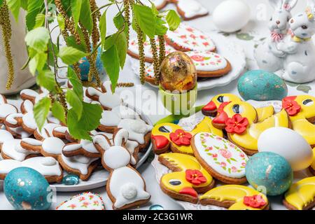 Festive Easter cookies in the form of ducks and bunnies. Stock Photo