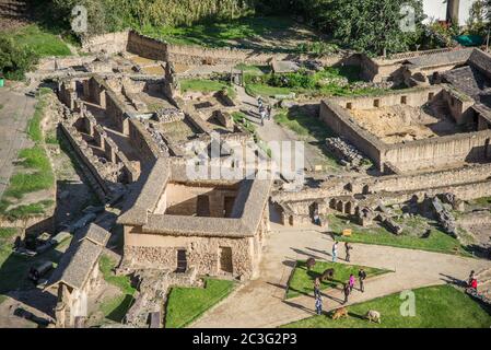 Pinkulluna Inca ruins in the sacred valley in the Peruvian Andes. Peru, Ollantaytambo. Stock Photo