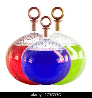 Three round glass carafes with blue, red, and green liquid and drops on the glass on a white background 3d rendering Stock Photo