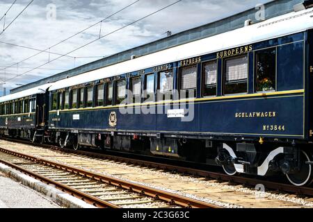 Ruse city, Bulgaria - August 29, 2017. The legendary Venice Simplon Orient Express is ready to depart from Ruse Railway station. The luxury train trav Stock Photo