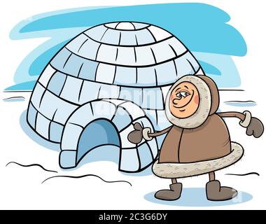 eskimo with igloo cartoon illustration Stock Photo