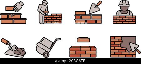 Masonry worker icons set. Outline set of masonry worker vector icons for web design isolated on white background Stock Vector