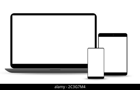 Laptop, tablet and phone set mockup isolated on white background, 3d rendering Stock Photo