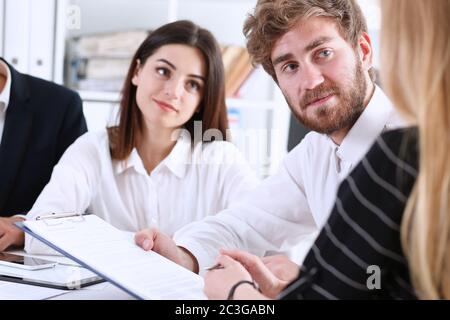 Teamwork discusses problems in the workplace Stock Photo