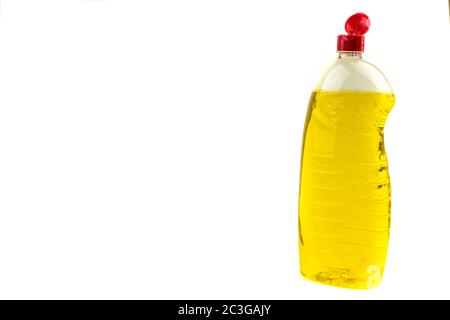Dishwashing liquid detergent or soap in plastic bottle isolated on white background. Selective focus and copy space concept Stock Photo