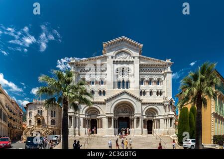 Monaco-Ville, Monaco - June 13, 2019 : Exterior of the Monaco Cathedral. It s famous for the tombs of Princess Grace and Prince Rainier. Stock Photo