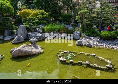 Monte Carlo, Monaco - June 13, 2019 : This Japanese garden in Monaco was created in 1994 in accordance with the strictest principles of Zen design Stock Photo