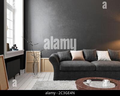 Classic scandinavian black interior with sofa, table, window, carpet. 3D render illustration mock up.