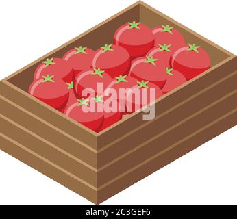Tomato wooden crate, isometric box with fresh farmers harvest ...
