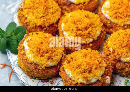 Traditional carrot cakes close-up. Stock Photo