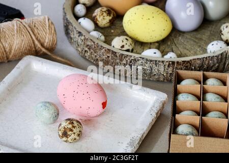 How to make hanging Easter eggs. Step by step, tutorial. Festive decor Stock Photo