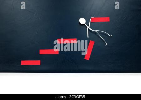 Never surrender and give up, hang on, keep going and strong determination on business challenges concept. Human stick figure hanging on broken ladder. Stock Photo