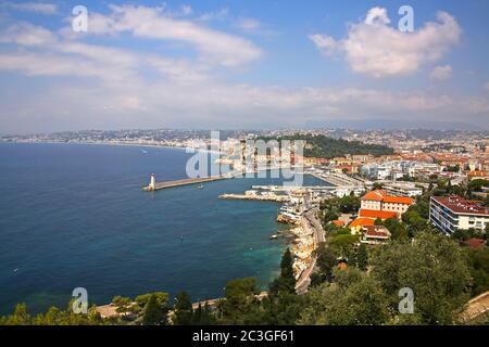 Beautiful view of Nice harbor from Mont Boron. Also the Promenade des Anglais, the marina, buildings and the Mediterranean Sea, Nice, France. Stock Photo