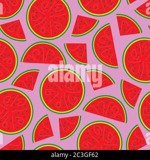 seamless pattern of red watermelons cut in half and slices on a dark pink background Stock Vector
