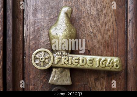 Door handle with lettering, peace 1648, town hall, Osnabrueck, Lower Saxony, Germany, Europe Stock Photo