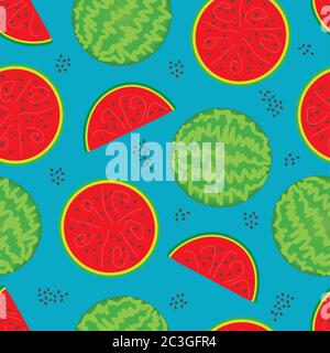 seamless pattern consisting of a whole striped watermelon, half a red watermelon and a slice of watermelon with grains on a blue background Stock Vector