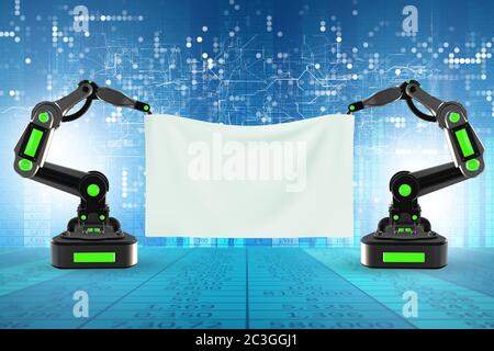 Blank poster supported by robotic arms Stock Photo
