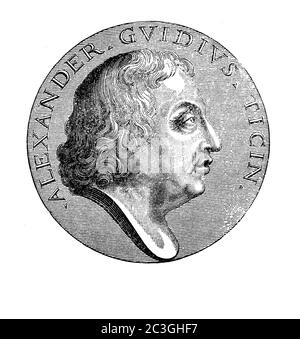 Engraving portrait  of Carlo Alessandro Guidi ( 1650 - 1712) Italian lyric poet born at Pavia founder of the  Roman academy Arcadia, very important in the reform of  the Italian poetry Stock Photo