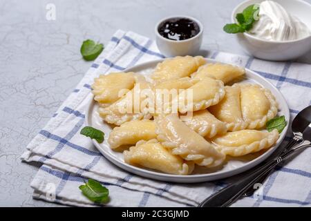 Homemade dumplings with cottage cheese. Stock Photo