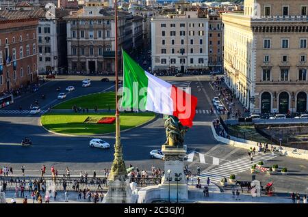 Italian national flag and Piazza Venezia. Vittoriano, Rome, Italy Stock Photo