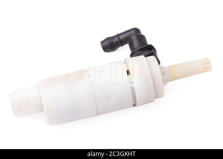 Windshield washer water pump is reservoir, and nozzles supply water to glass for cleaning. Spare part car on white isolated background in studio for s Stock Photo