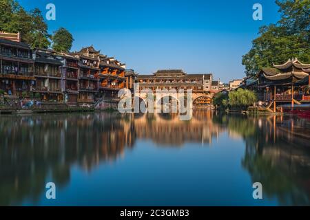 Morning view of arched bridge in Feng huang Old Town Stock Photo