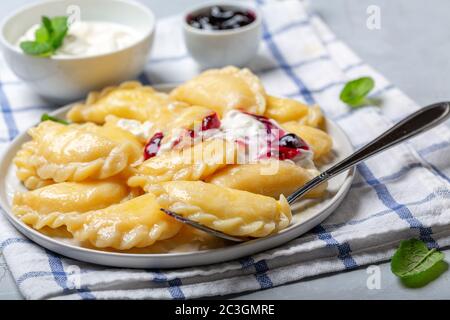 Homemade dumplings with cottage cheese. Stock Photo