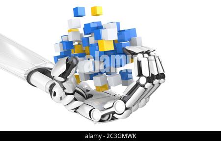 Illustration of the futuristic design of a robotic hand with colorful cubes Stock Photo
