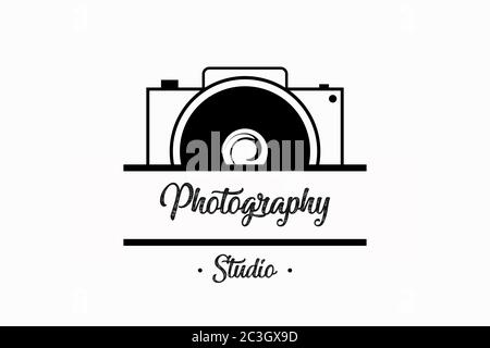 Illustration of photo camera in black color, on white background, with text photography studio Stock Photo