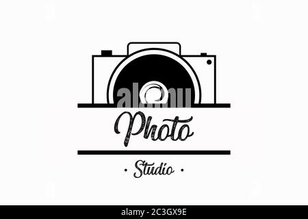 Illustration of photo camera in black color, on white background, with text photo studio Stock Photo