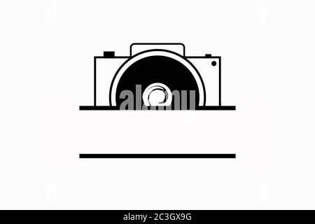 Illustration of photo camera in black color, on white background, with space to customize text Stock Photo