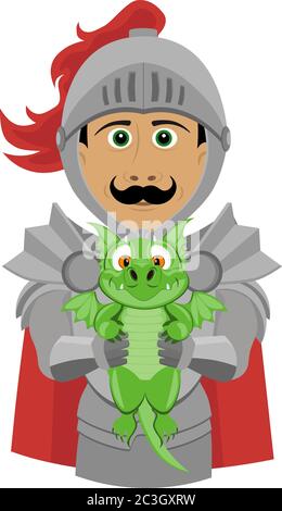 A noble knight in armor with a cute little dragon. Fun and funny character vector illustration on a white isolated background. Stock Vector