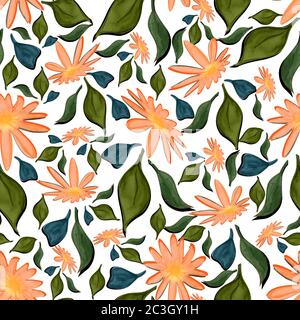 orange abstract based seamless flower and leaves pattern Stock Photo