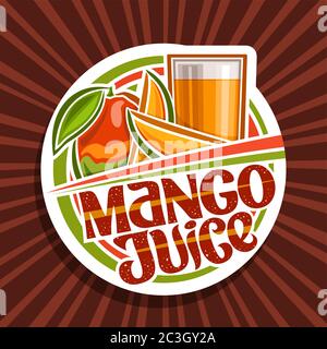 Vector logo for Mango Juice, decorative cut paper label with illustration of fruit drink in glass and 3 cartoon mangoes, fruit concept with unique let Stock Vector