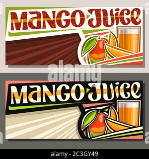 Vector banners for Mango Juice with copyspace, horizontal layouts with illustration of fruit drink in glass, 3 cartoon mangoes and unique brush letter Stock Vector