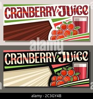 Vector banners for Cranberry Juice with copyspace, decorative horizontal layouts with illustration of berry drink in glass, cartoon cranberries with l Stock Vector