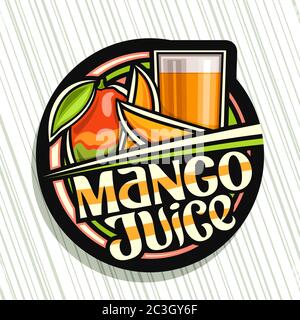 Vector logo for Mango Juice, dark decorative label with illustration of fruit drink in tall glass and 3 cartoon mangoes, fruit concept with unique let Stock Vector