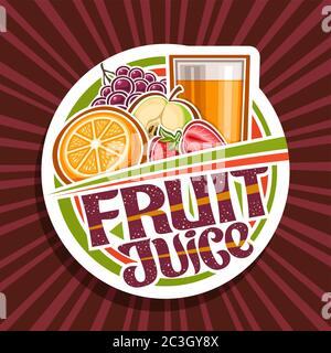 Vector logo for Fruit Juice, decorative cut paper label with illustration of drink in glass, half orange, strawberries, apple and grape, multifruit co Stock Vector